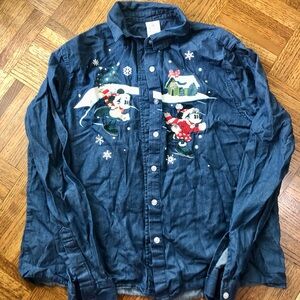 Disney Navy Blue Button-Down Shirt with Mickey & Minnie Holiday Embroidery